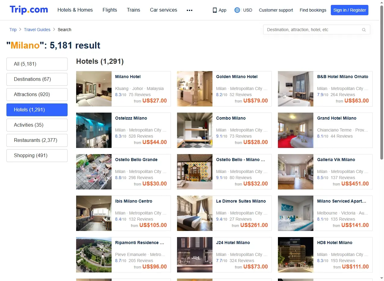 Schermata di offerte per hotel a Milano