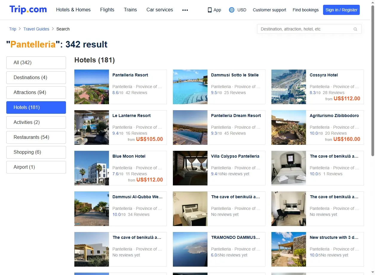 Schermata di offerte di hotel a Pantelleria