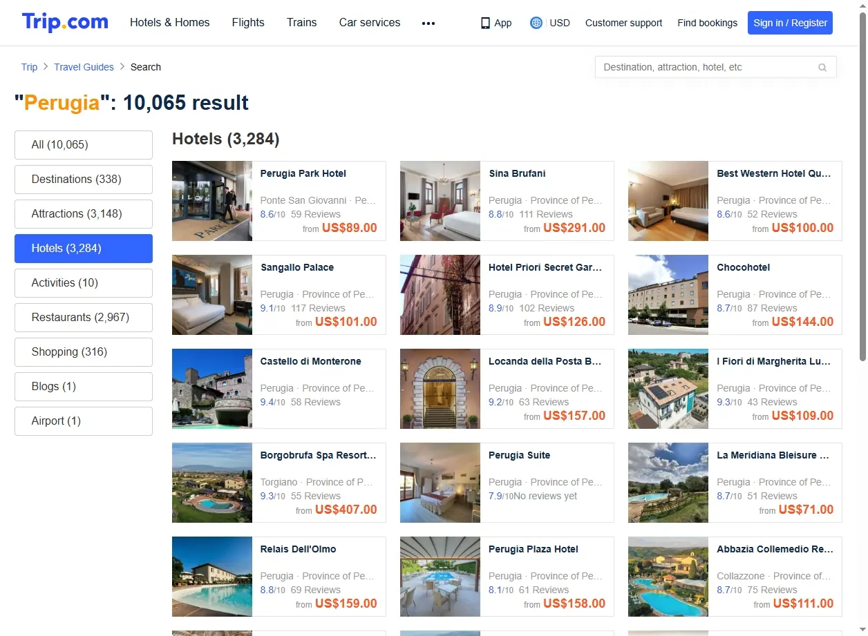 Schermata di offerte hotel a Perugia