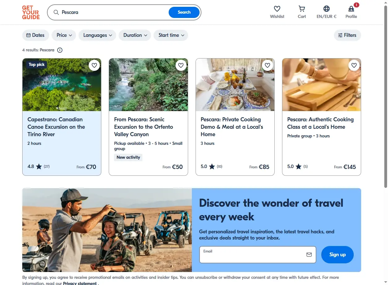 Screenshot di un sito web che mostra escursioni e attività a Pescara.