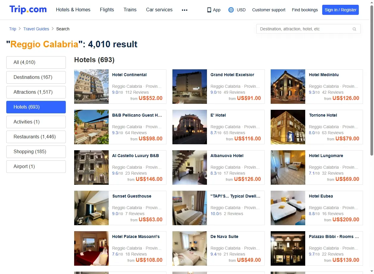 Schermata di Trip.com che mostra offerte di hotel a Reggio Calabria