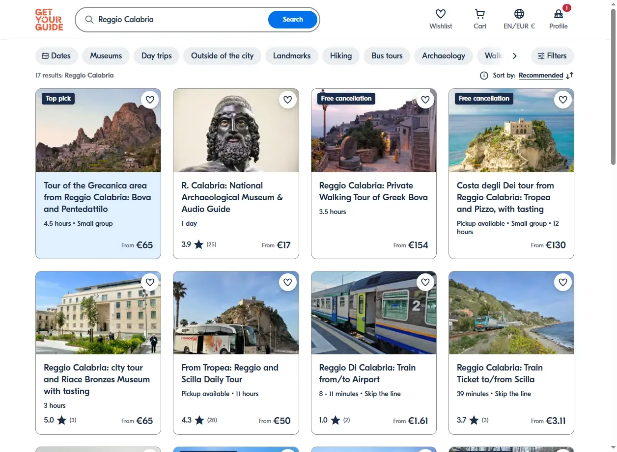 Schermata di GetYourGuide che mostra attività e tour a Reggio Calabria