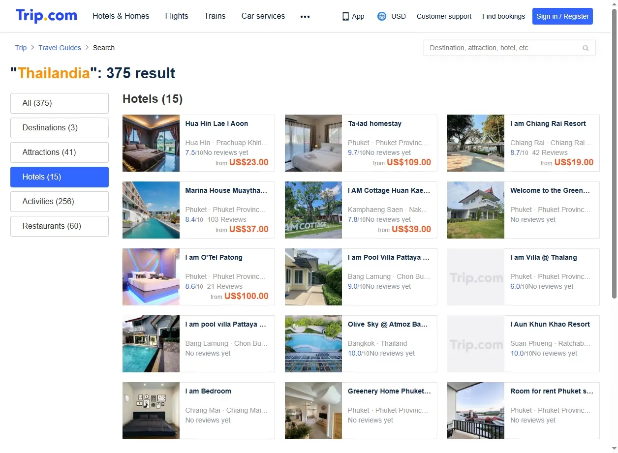 Screenshot di offerte di hotel in Thailandia