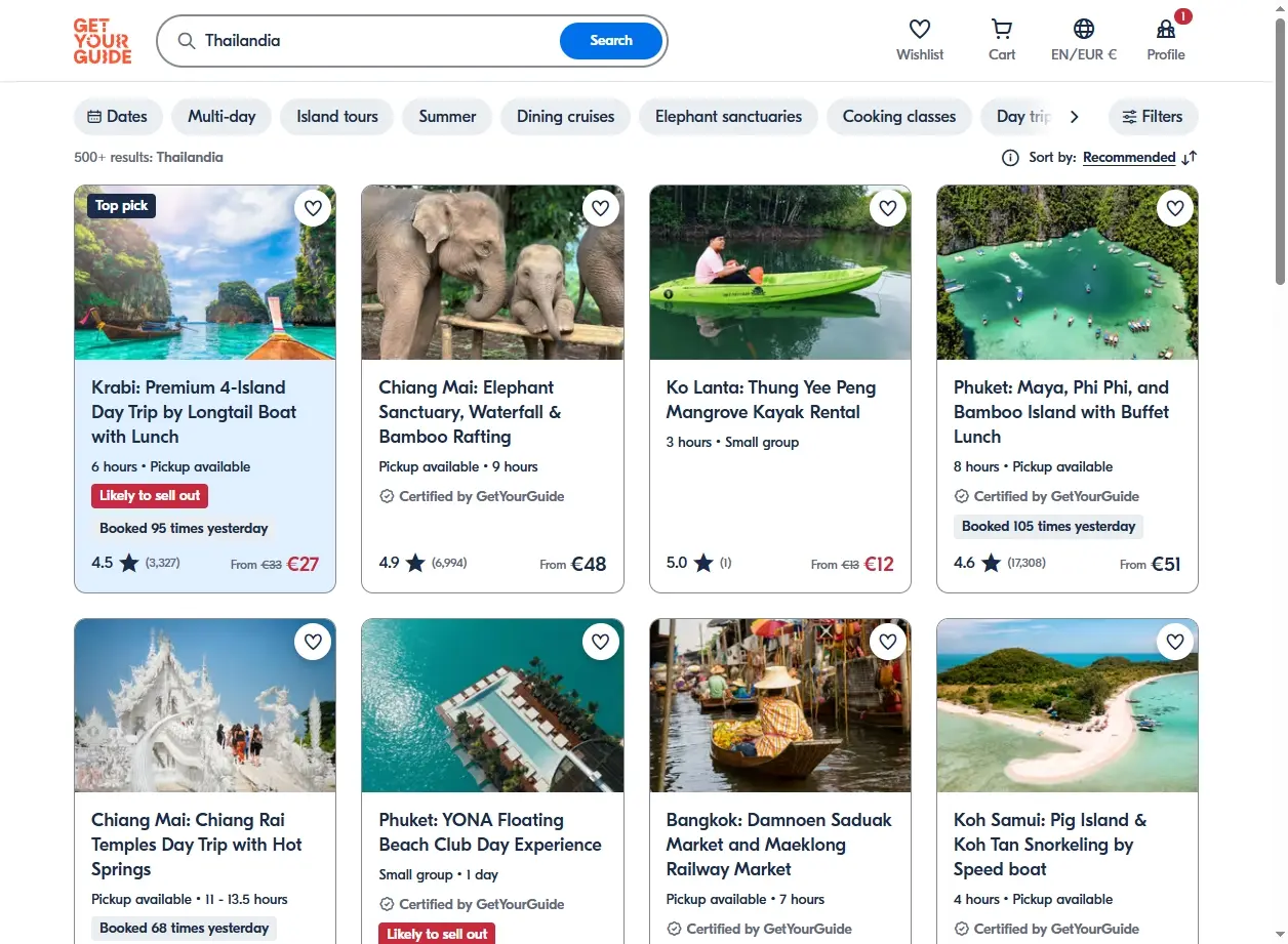 Screenshot di attività ed esperienze da fare in Thailandia