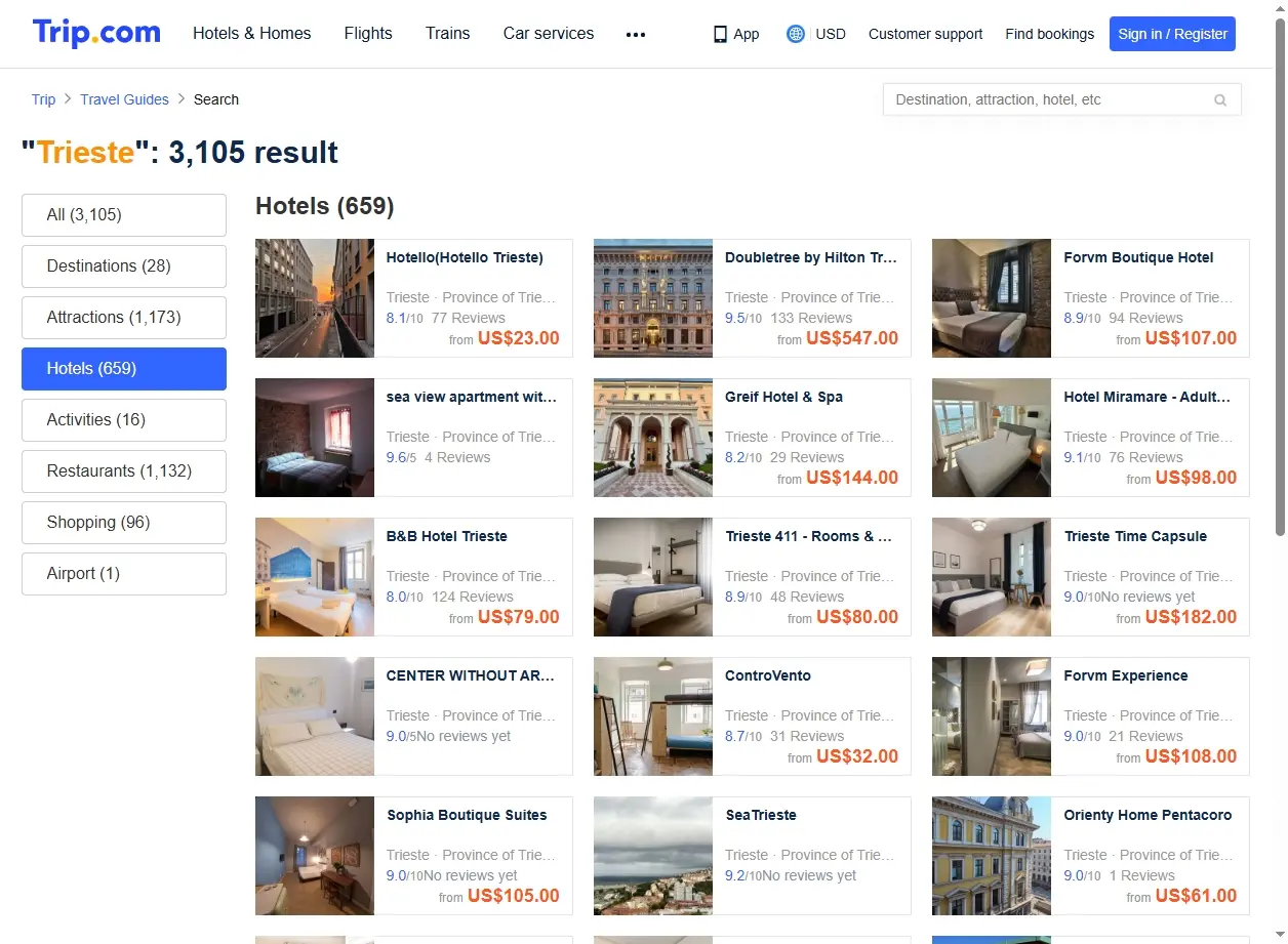 Schermata di offerte hotel a Trieste.