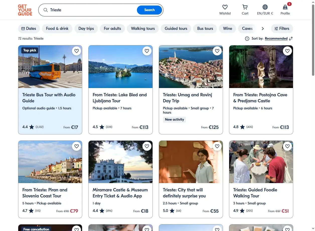 Schermata di attività turistiche e tour a Trieste.