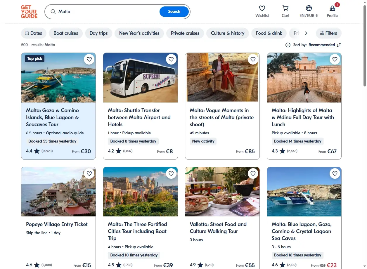 Esperienze a Malta: Screenshot del sito GetYourGuide con attività e tour.