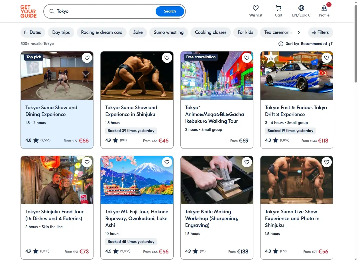 Schermata di GetYourGuide che mostra attività a Tokyo.