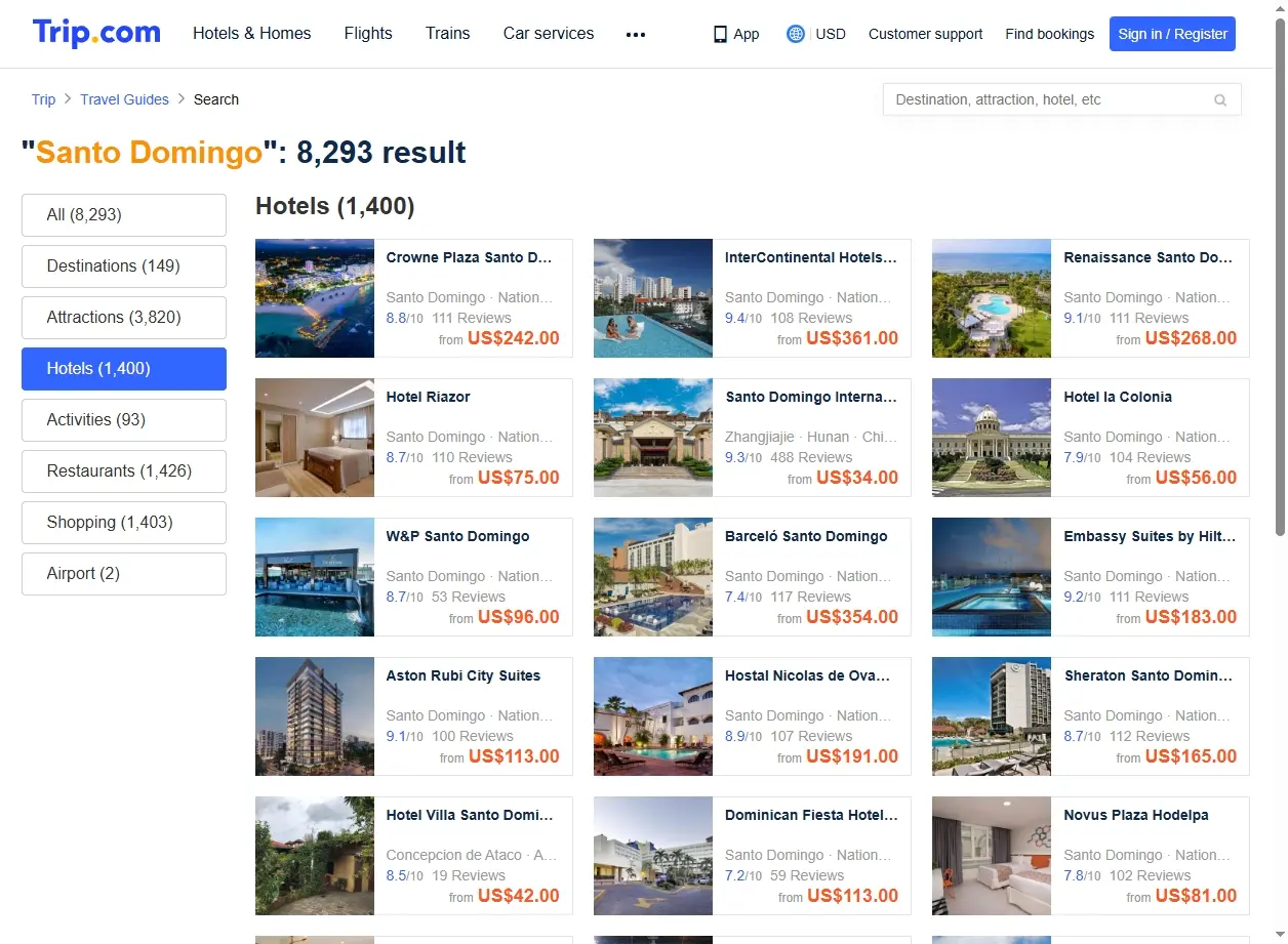 Schermata del sito web che mostra offerte di hotel a Santo Domingo