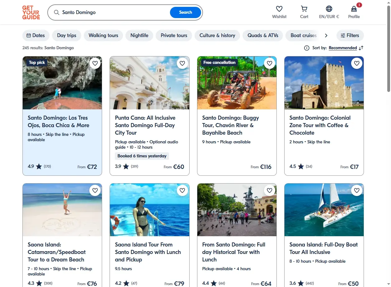 Schermata del sito web che mostra attività turistiche a Santo Domingo