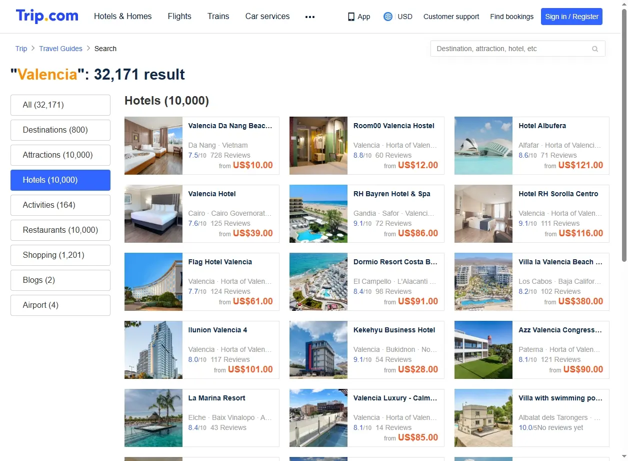 Screenshot di offerte hotel a Valencia su Trip.com