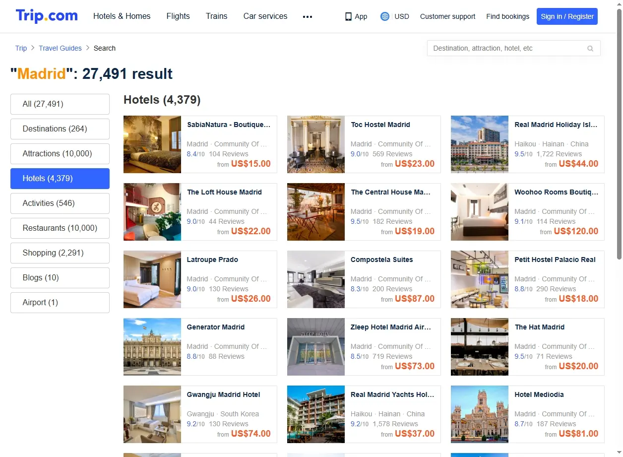 Schermata di offerte hotel a Madrid