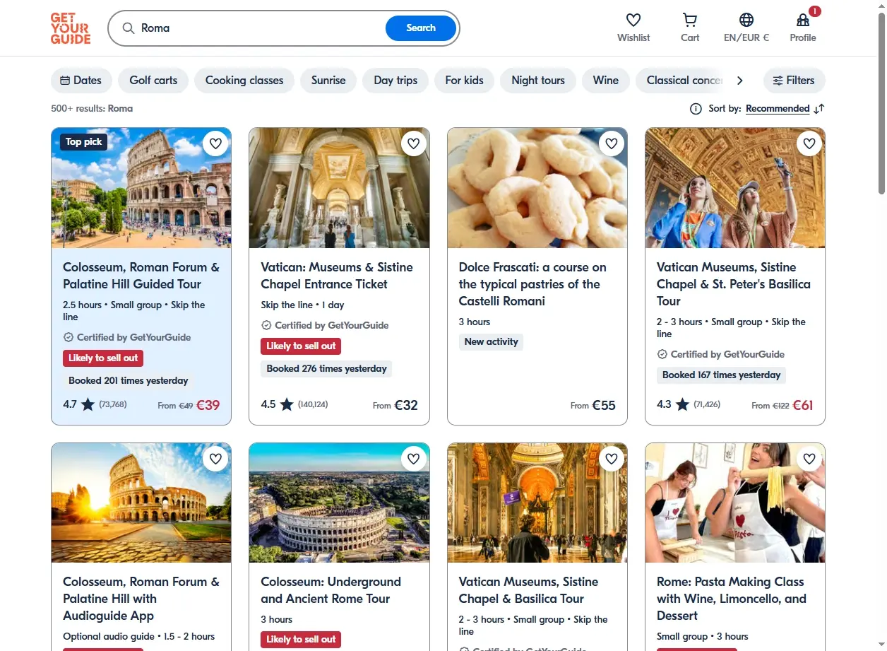 Schermata di offerte attività a Roma su GetYourGuide