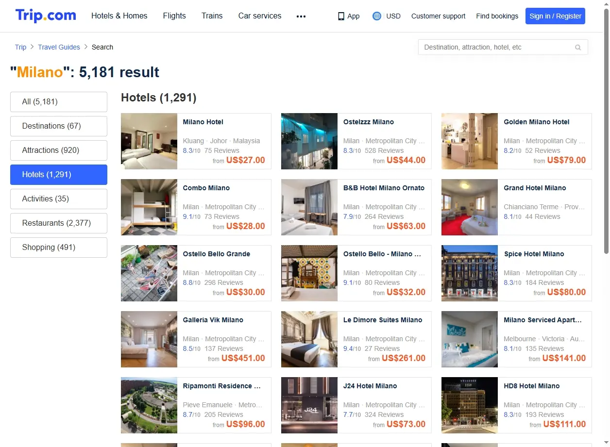 Schermata di offerte hotel a Milano