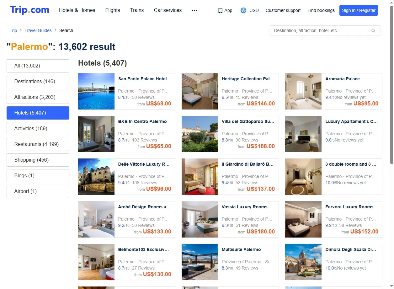 Schermata di offerte hotel a Palermo