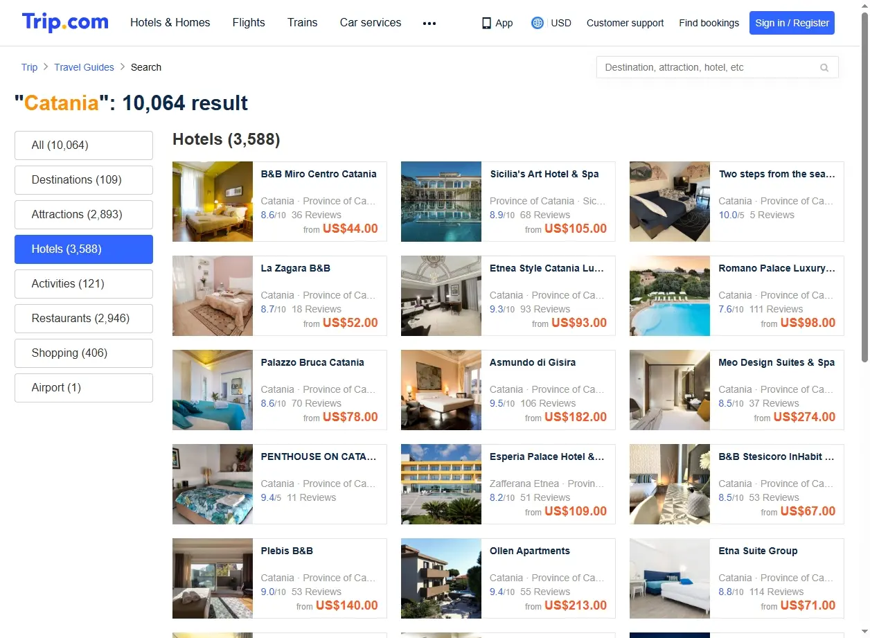 Schermata di offerte hotel a Catania
