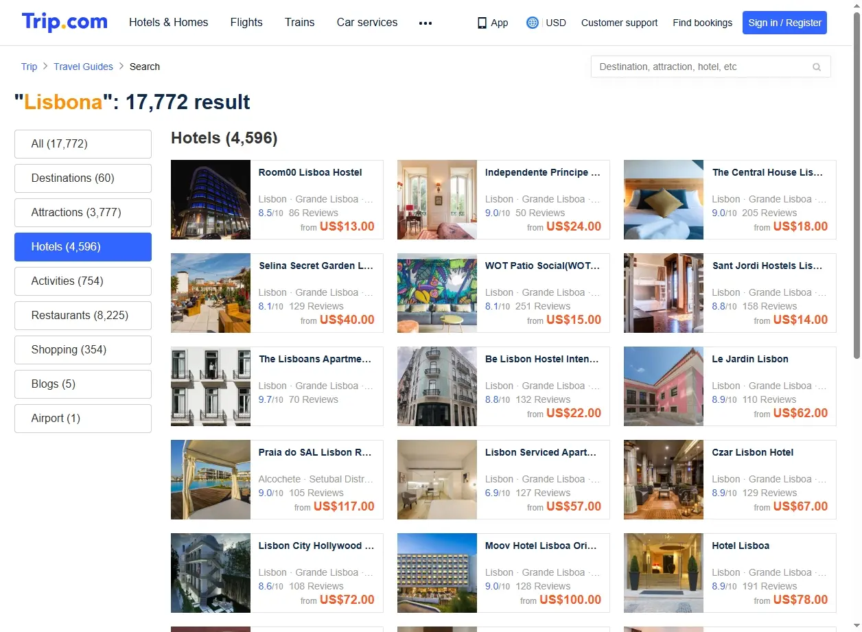 Schermata con offerte di hotel a Lisbona