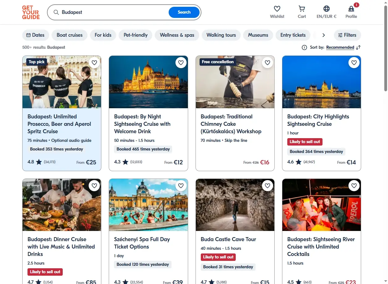 Schermata del sito web di GetYourGuide che mostra tour e attività a Budapest
