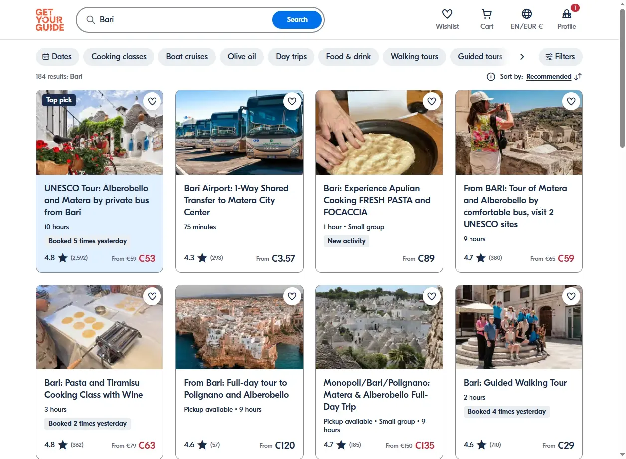 Schermata di GetYourGuide che mostra attività a Bari come tour gastronomici