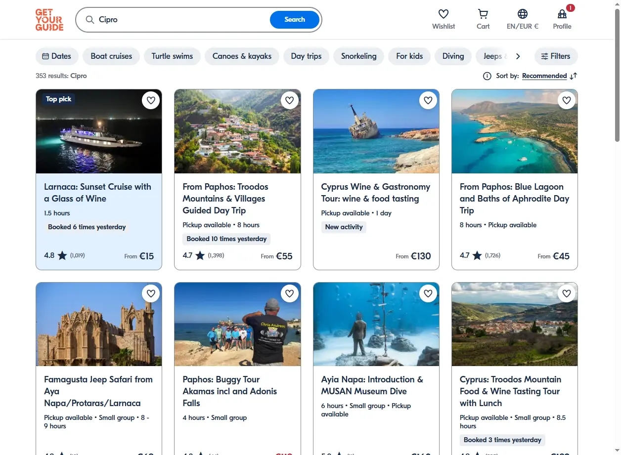 Schermata di GetYourGuide con tour e attività a Cipro
