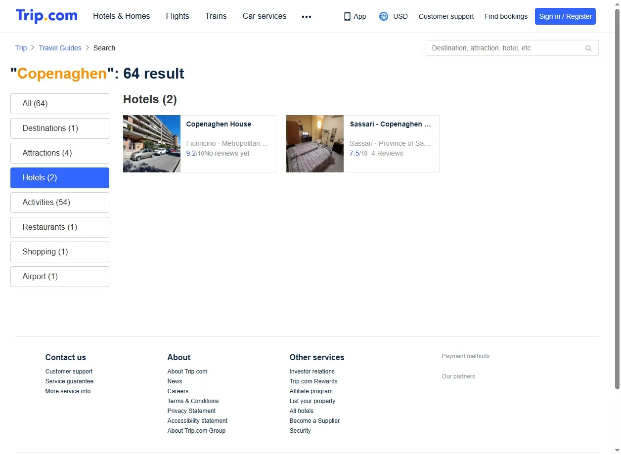 Schermata di Trip.com con offerte hotel a Copenaghen