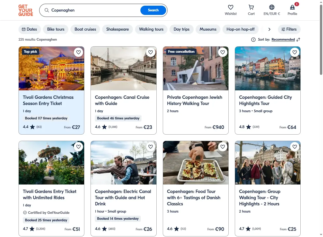 Schermata di GetYourGuide con attività e tour a Copenaghen
