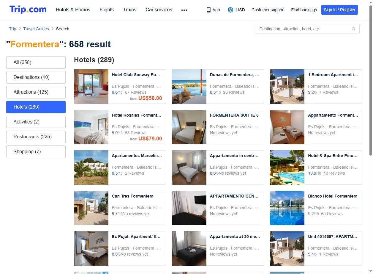 Schermata di ricerca offerte hotel per Formentera