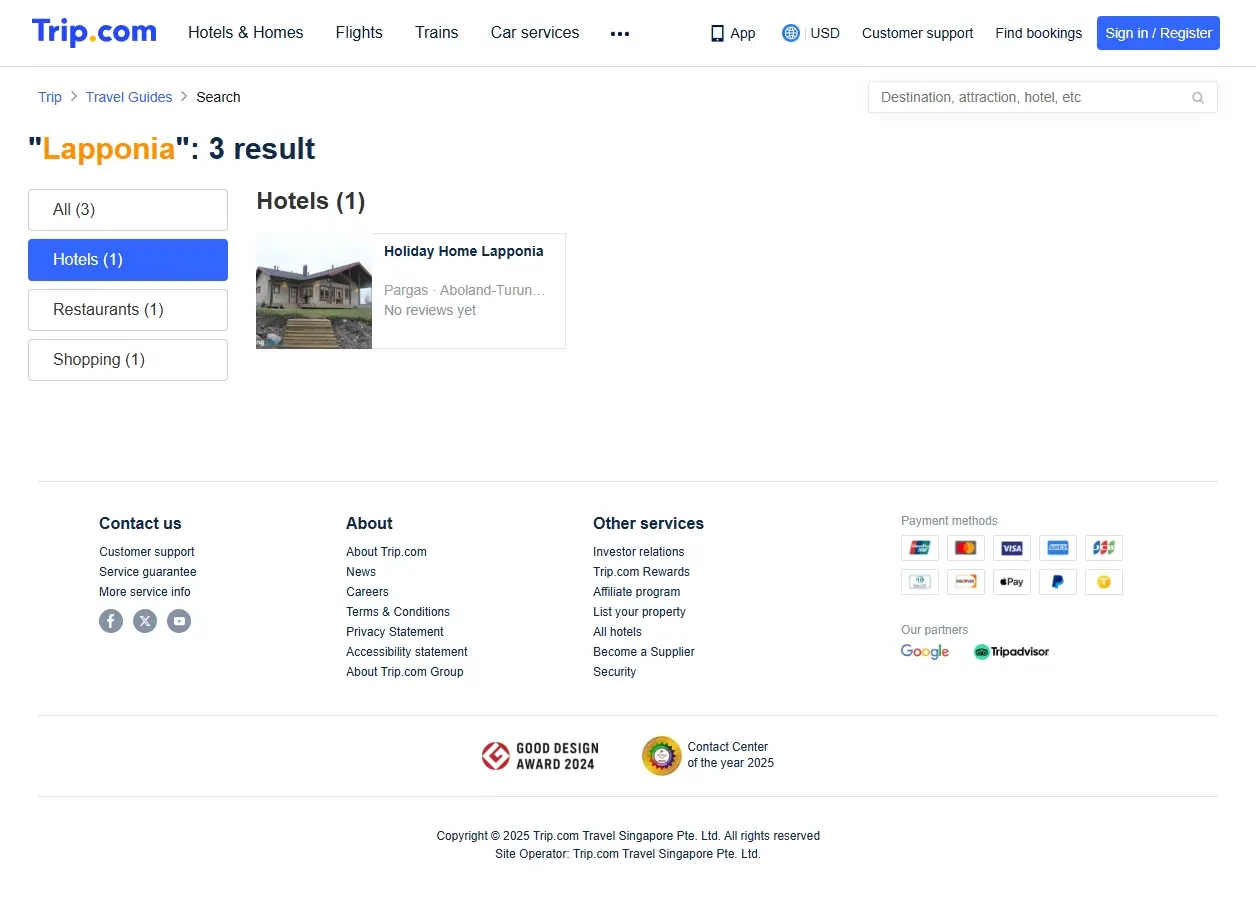 Schermata delle offerte di hotel in Lapponia