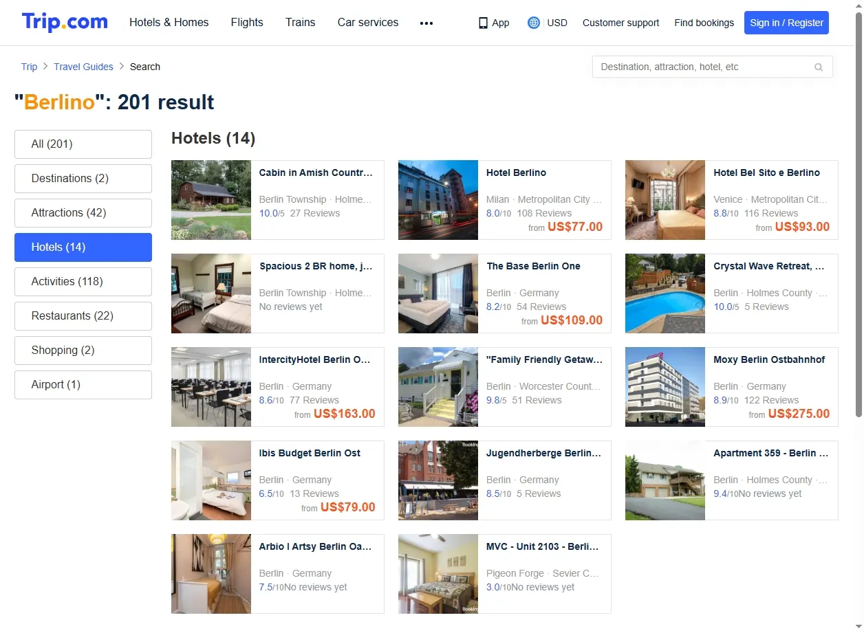 Schermata con offerte di hotel a Berlino
