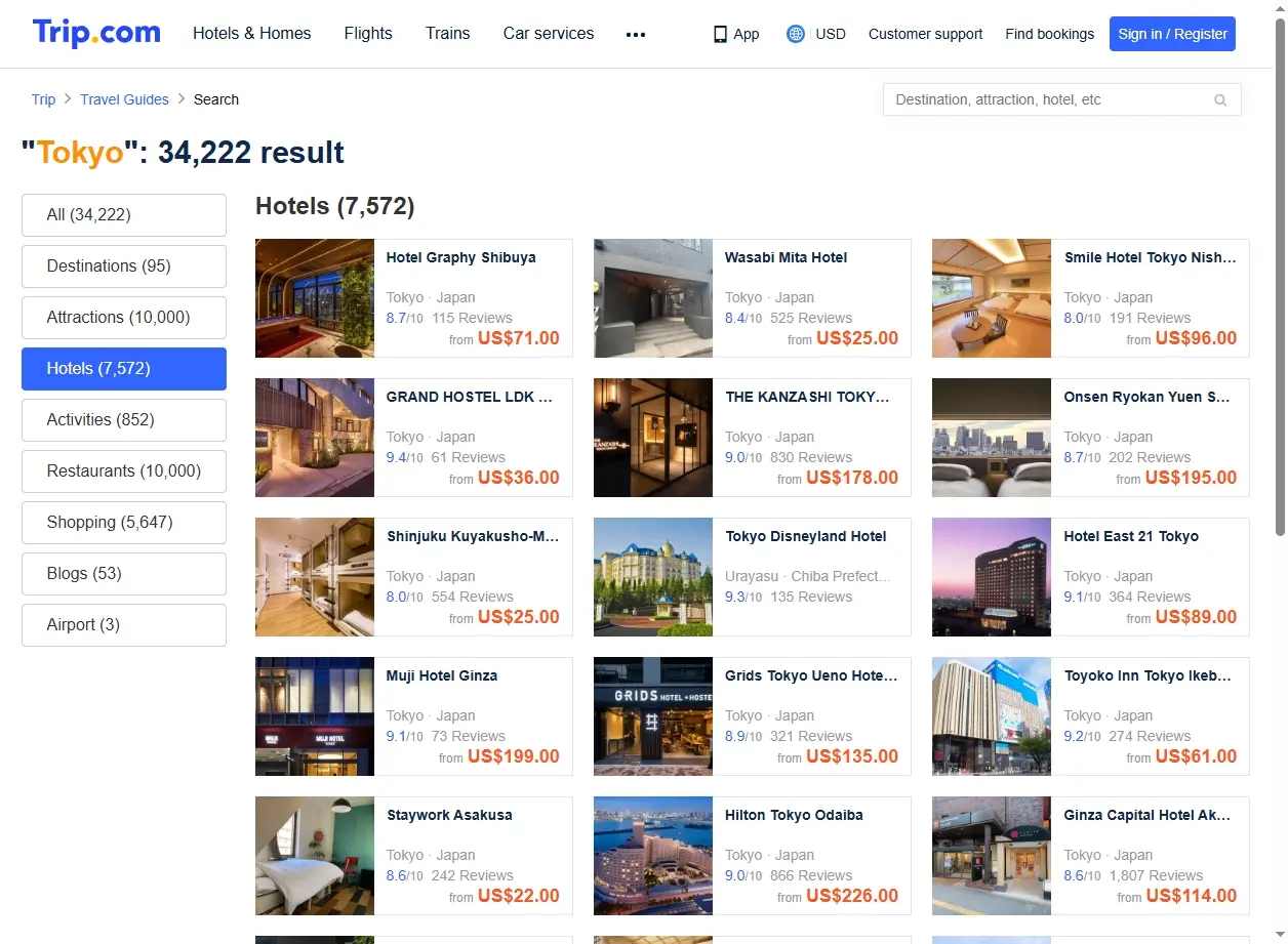Schermata di offerte hotel a Tokyo
