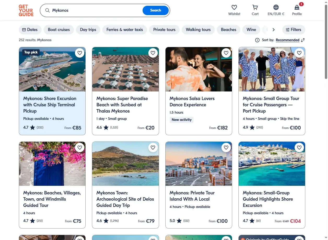 Anteprima delle attività disponibili a Mykonos, come gite in barca e tour.