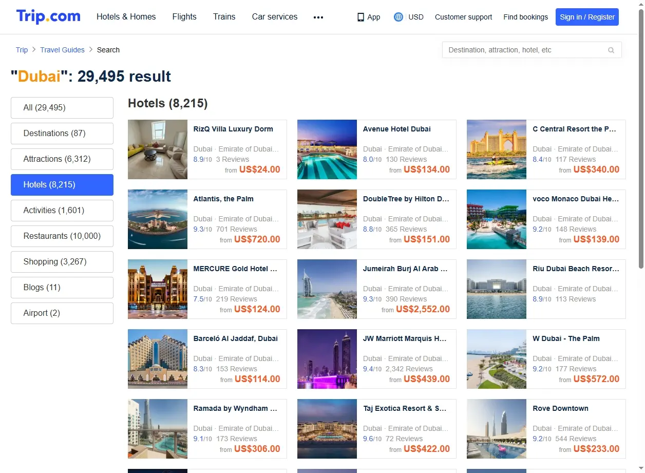 Screenshot di offerte hotel a Dubai
