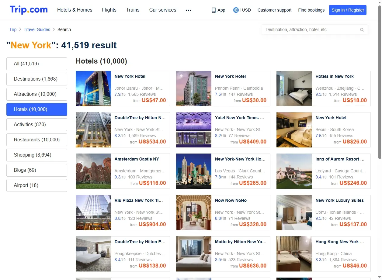Schermata di ricerca offerte hotel New York