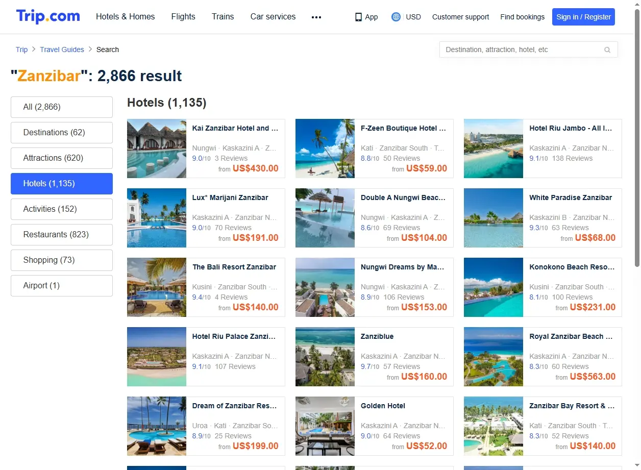 Screenshot di offerte alberghiere a Zanzibar