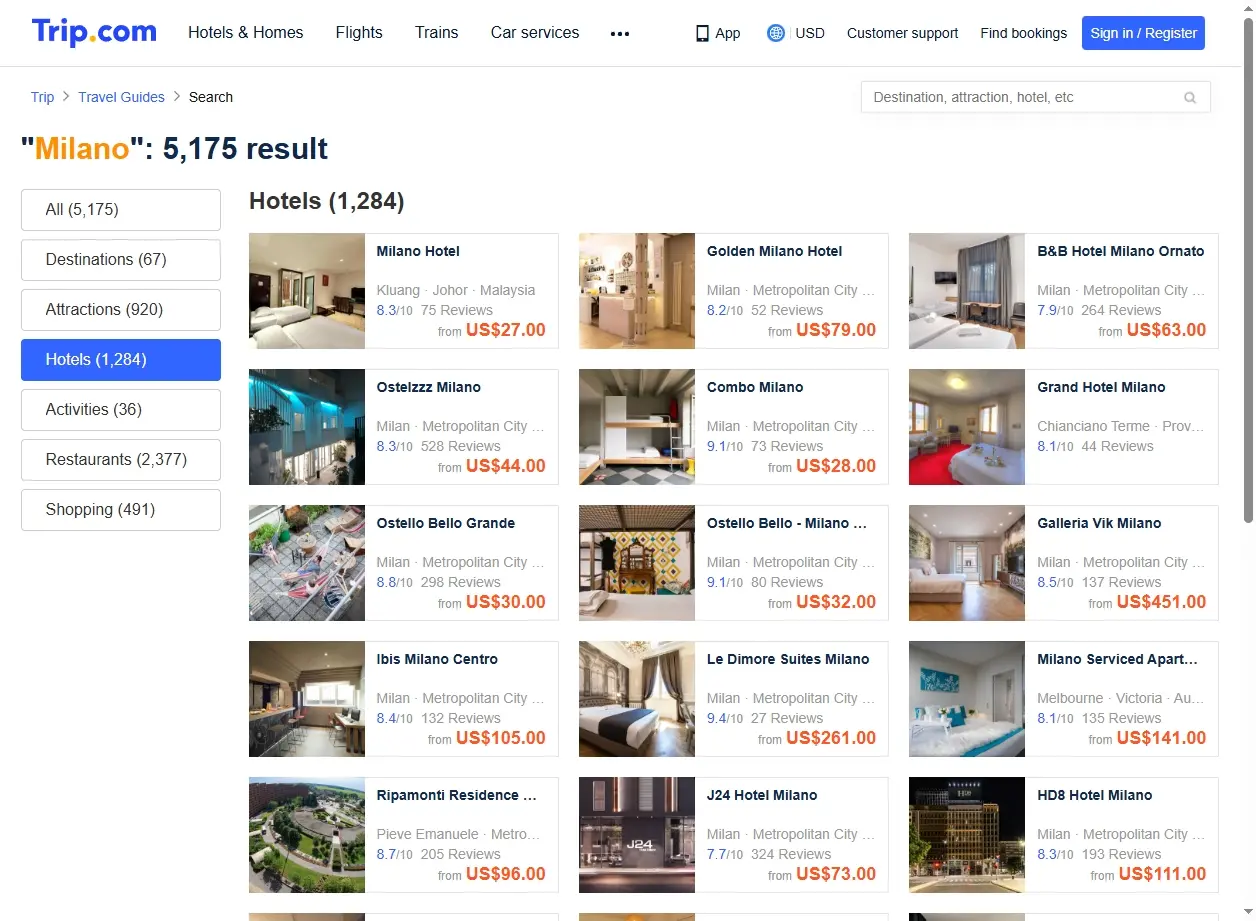 Schermata di ricerca hotel a Milano con offerte