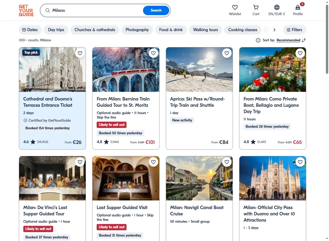 Schermata di attività a Milano con tour e musei
