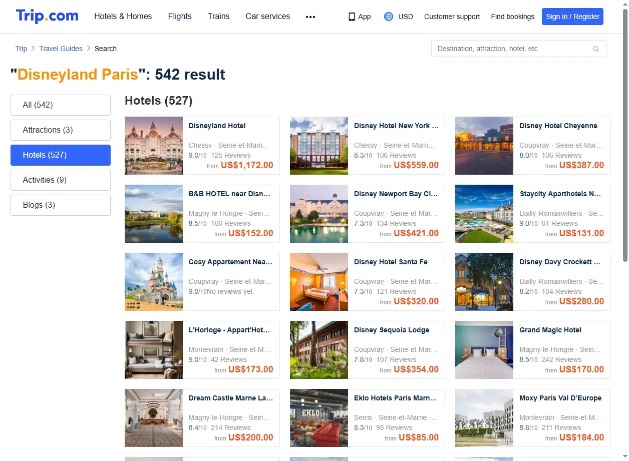 Schermata delle offerte di hotel vicino a Disneyland Paris