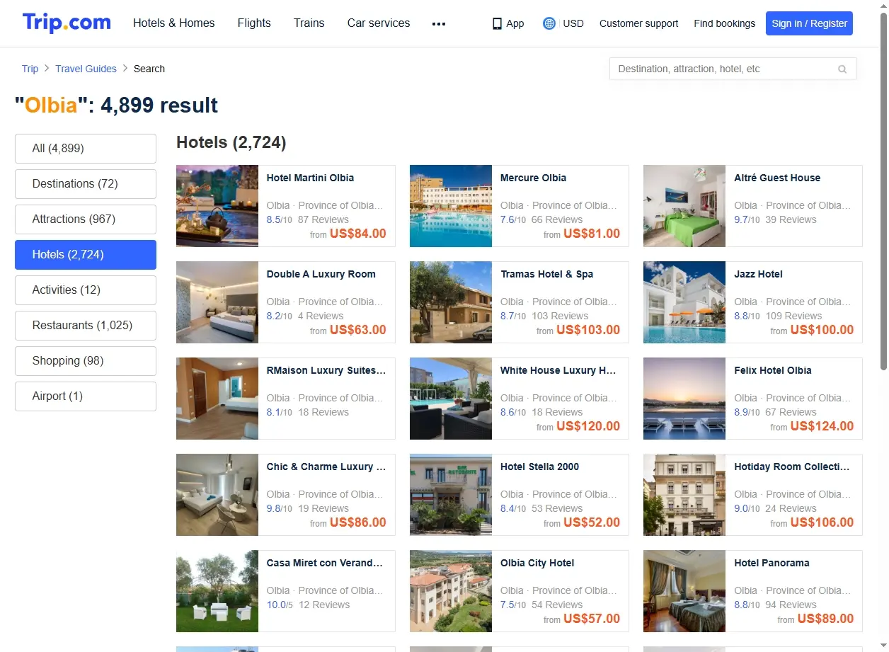 Schermata di offerte per Hotel a Olbia, Sardegna