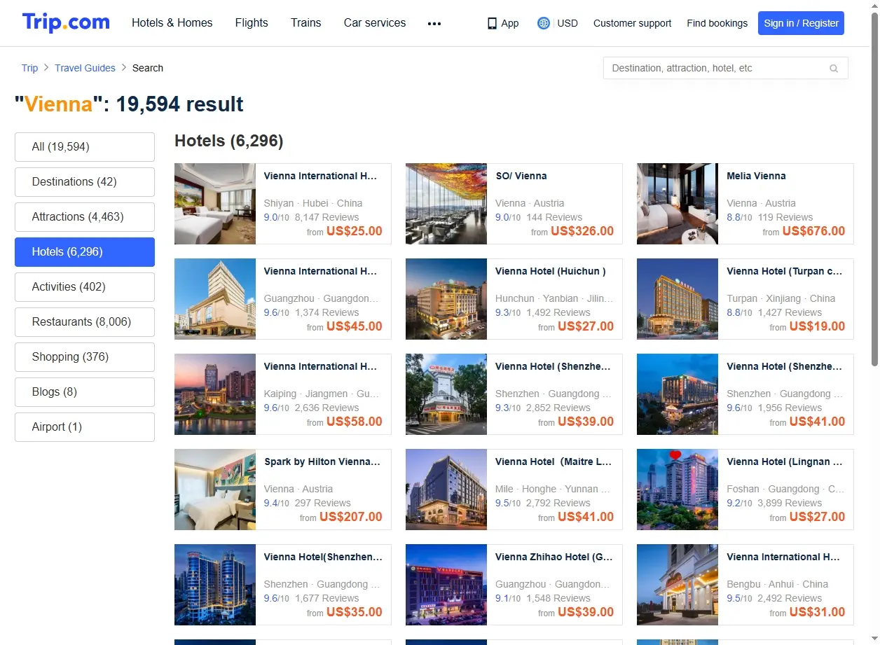 Schermata di offerte hotel a Vienna