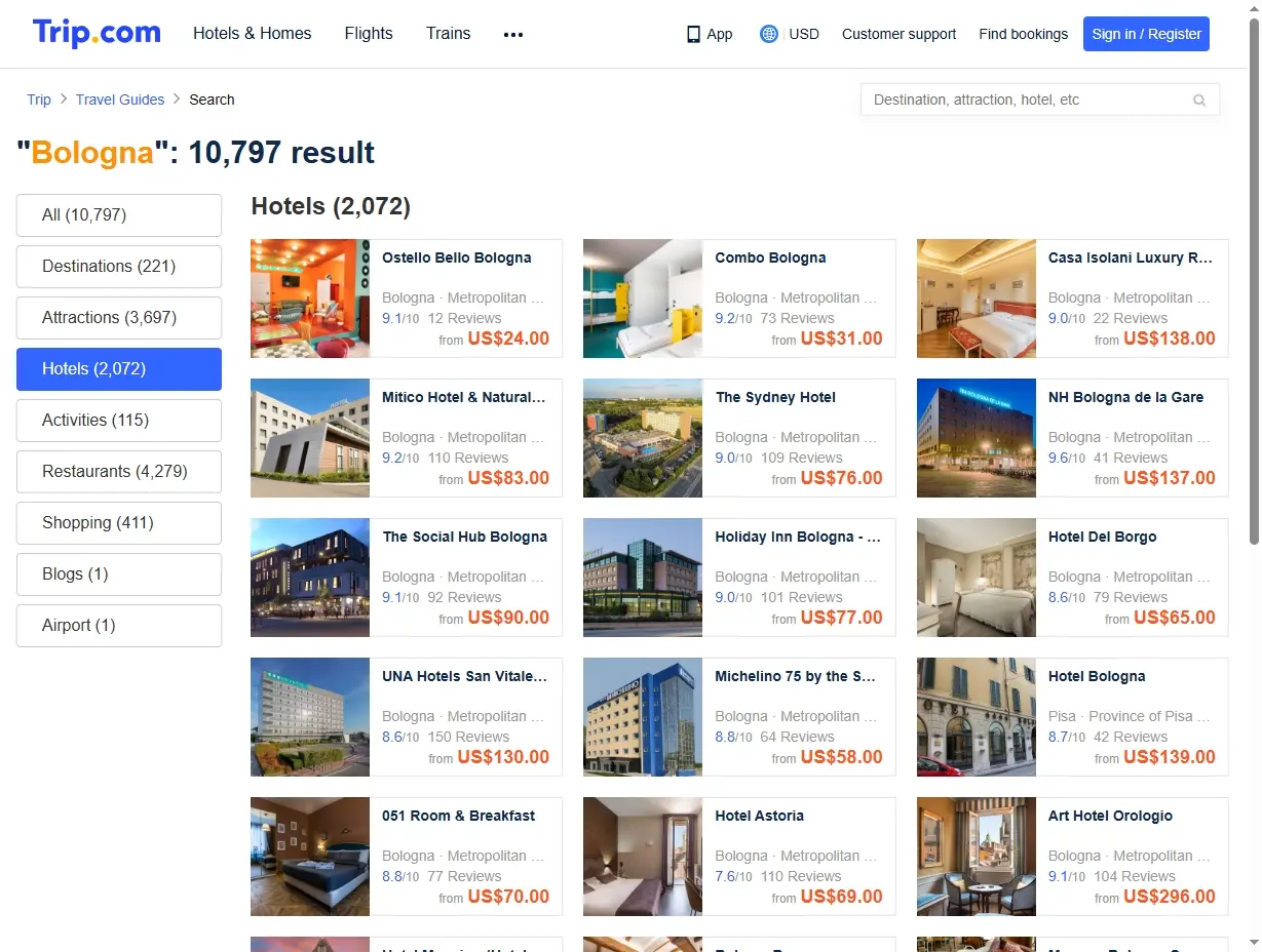 Schermata di offerte hotel a Bologna