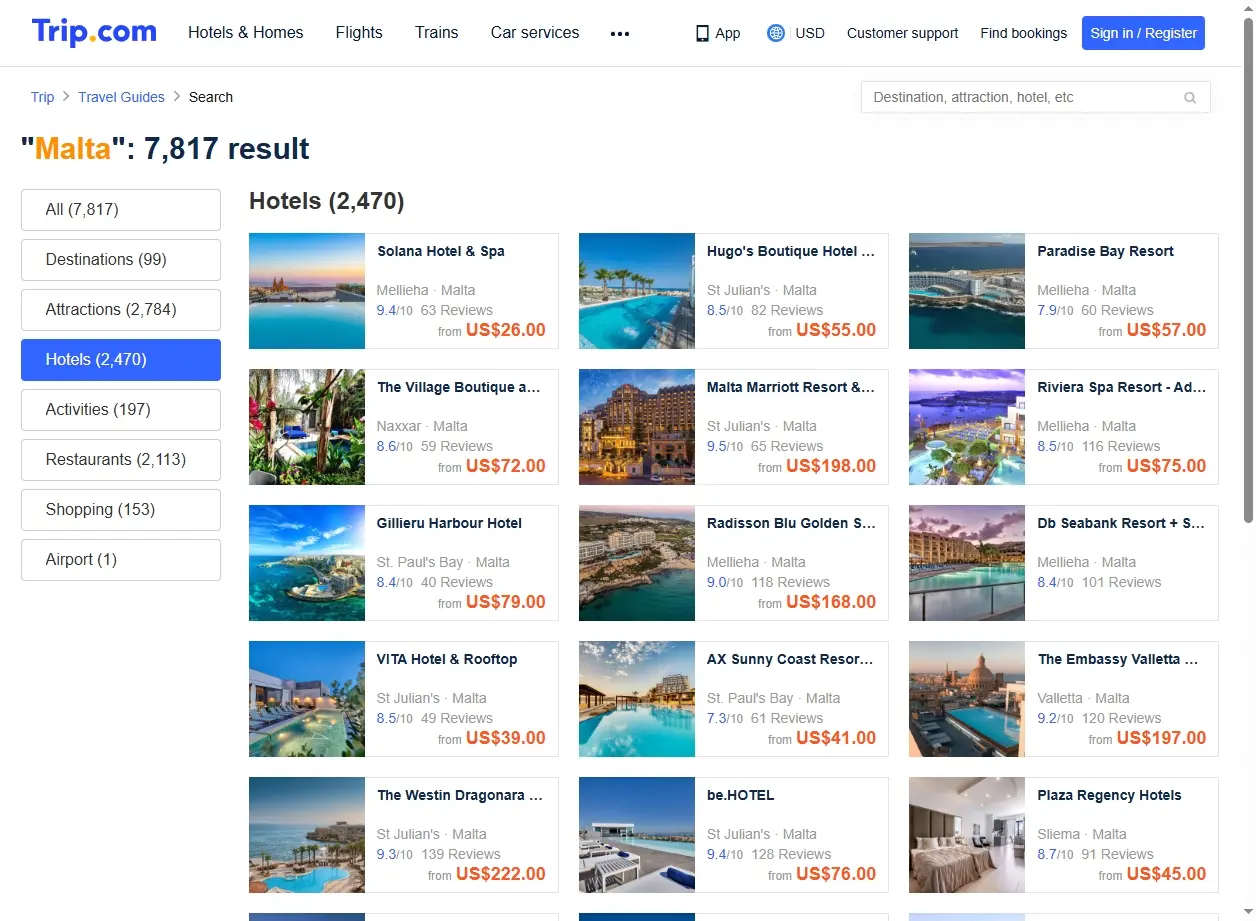 Schermata del sito di Trip.com con offerte hotel a Malta