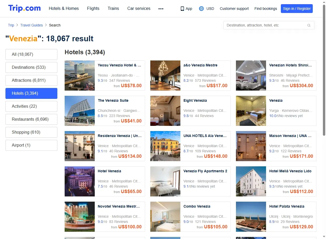 Schermata di offerte hotel a Venezia