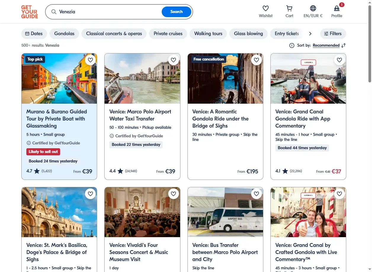Schermata di attività ed escursioni a Venezia