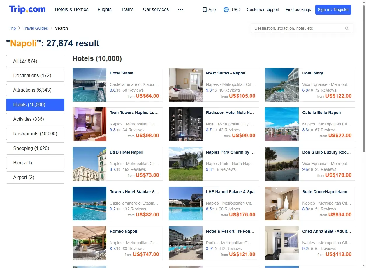 Schermata di ricerca hotel a Napoli con offerte