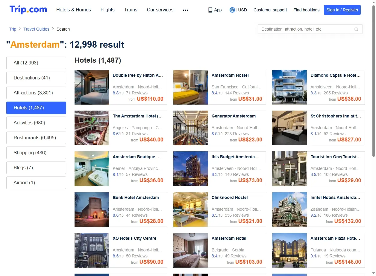 Schermata di ricerca di offerte voli per Amsterdam