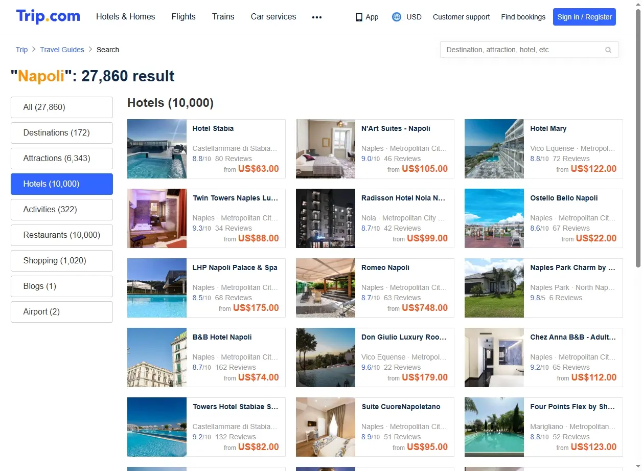 Schermata di offerte per hotel a Napoli
