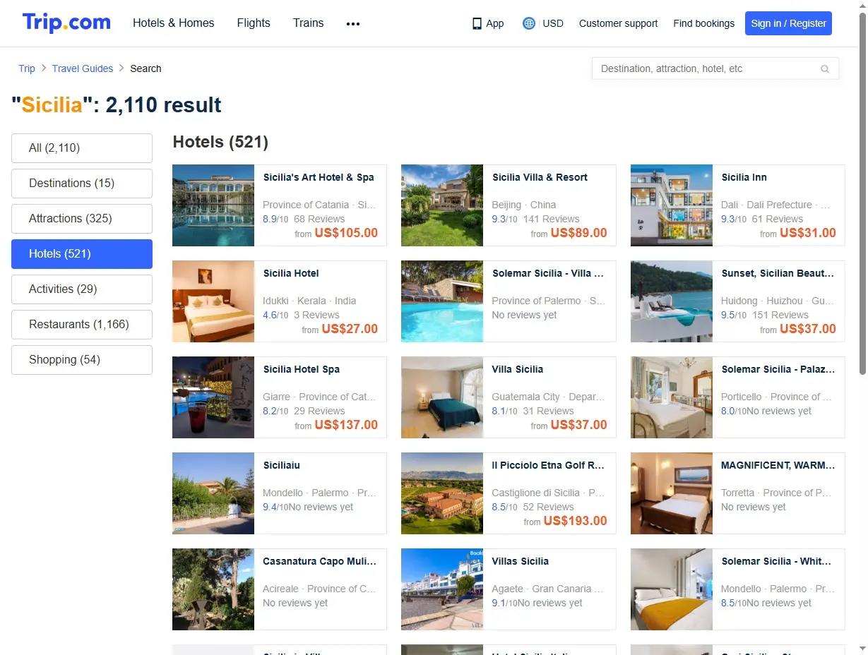 Schermata di offerte hotel in Sicilia