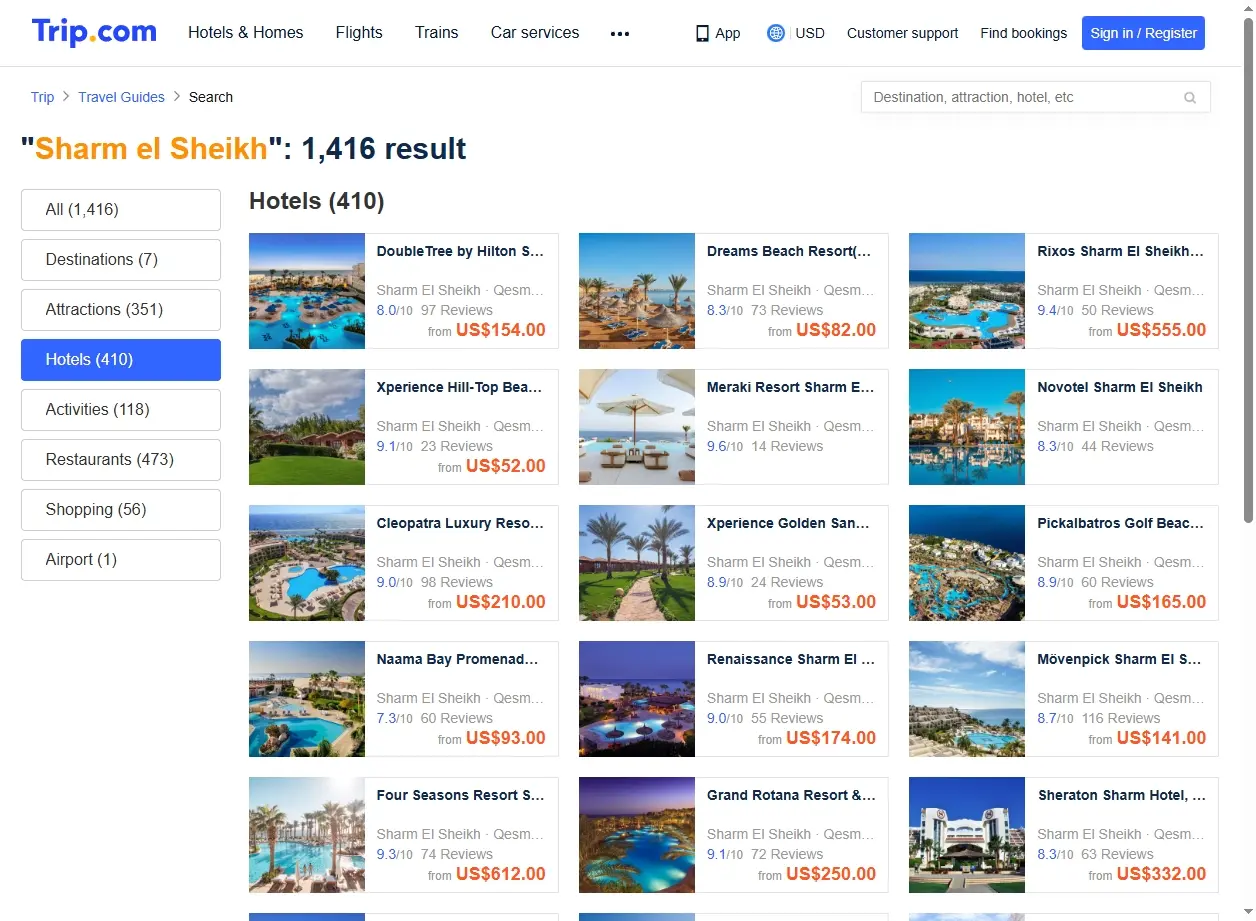 Schermata di offerte hotel a Sharm El Sheikh