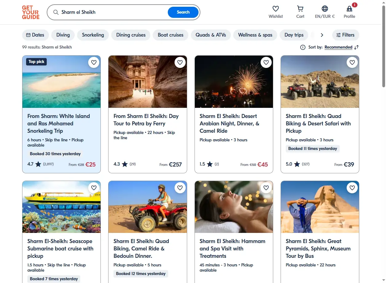 Schermata di attività ed escursioni a Sharm El Sheikh