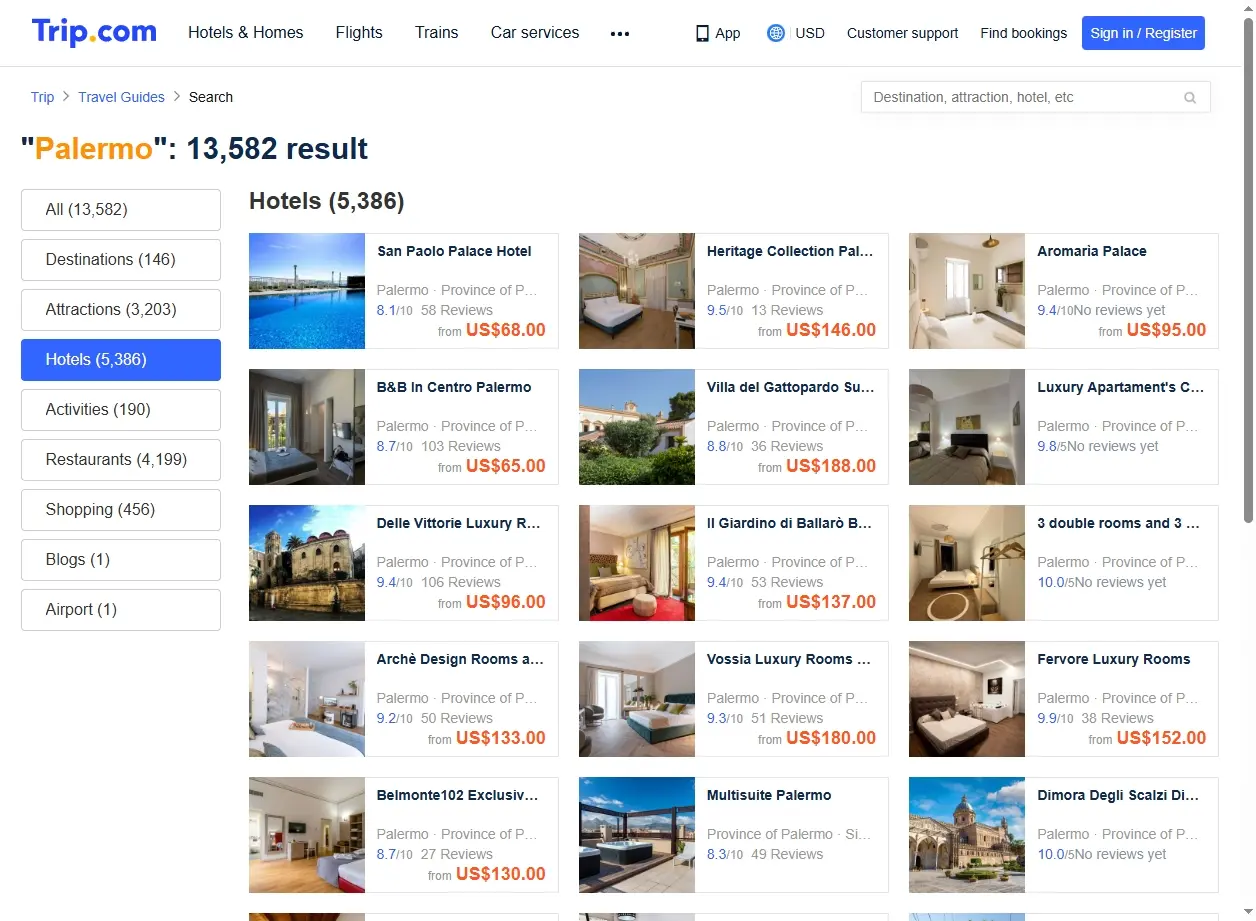 Schermata di offerte hotel a Palermo